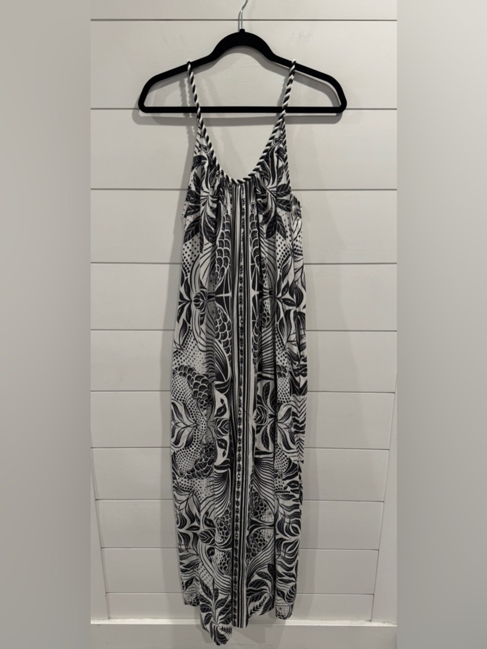 Farm Rio Elegance Scarf Linen Blend Wide-Leg Jumpsuit black white koi fish - Picture 6 of 11